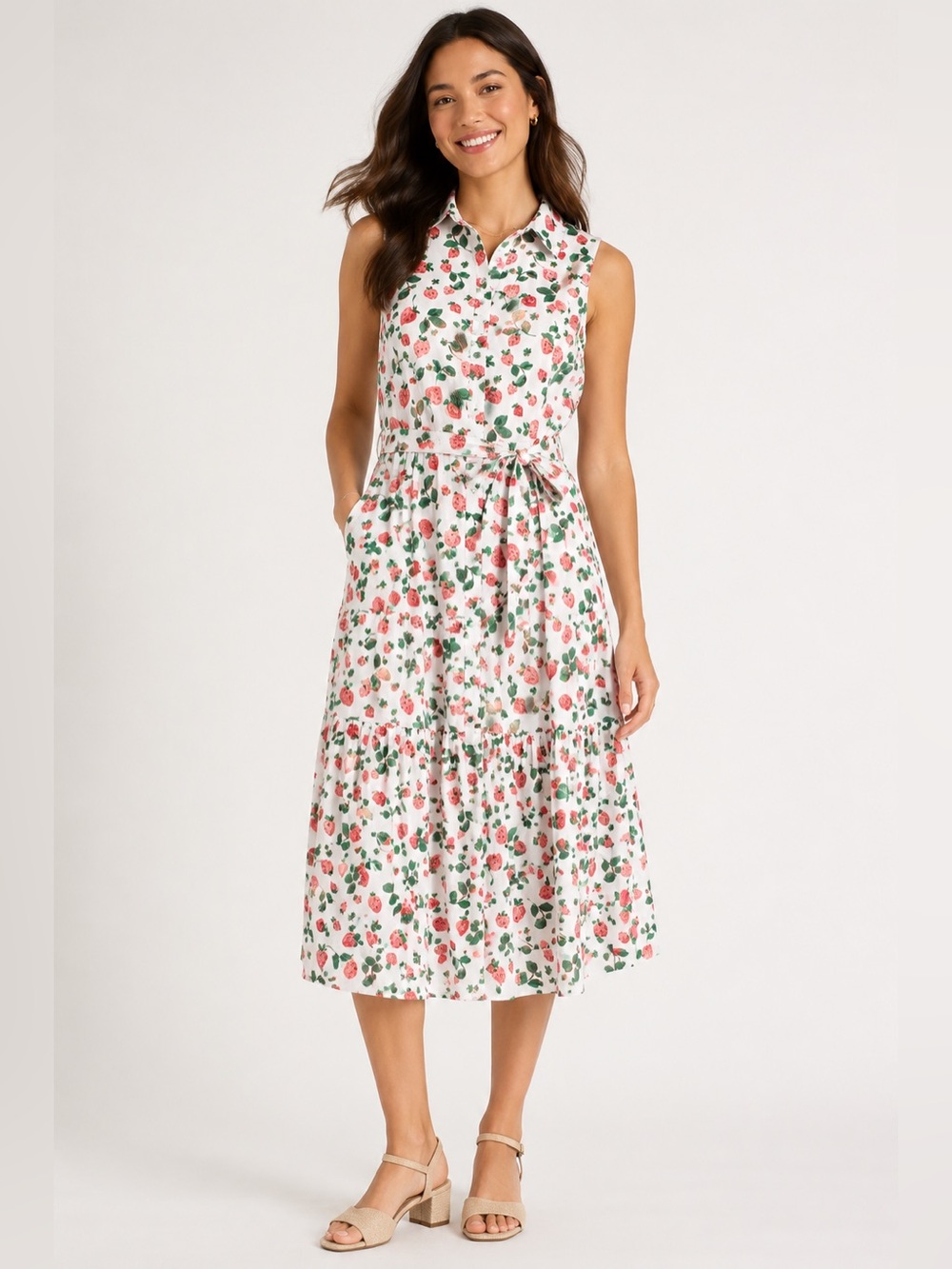 J. Crew sz 8 White Midi Shirt Dress with Pink & Green Floral Print, cottagecore